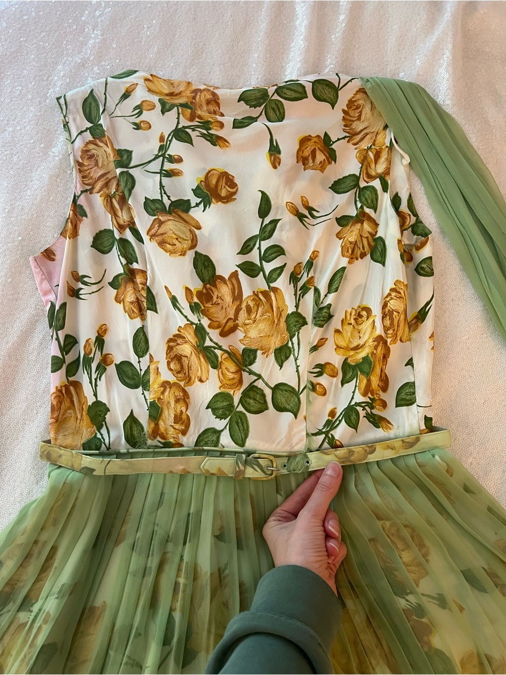 Vintage 1950s Yellow Rose Floral Cocktail Fit and Flare Dress with Green Chiffon - Picture 3 of 14